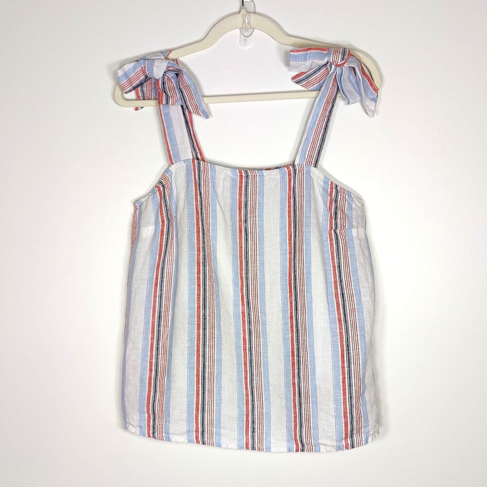 Crown‎ & Ivy Linen Tank Top Bow Shoulder Striped Coastal M